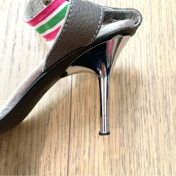 Silver High Heel Sandal’s w. Pink Striped Straps Gold Accessories Size 7 - Picture 5 of 9